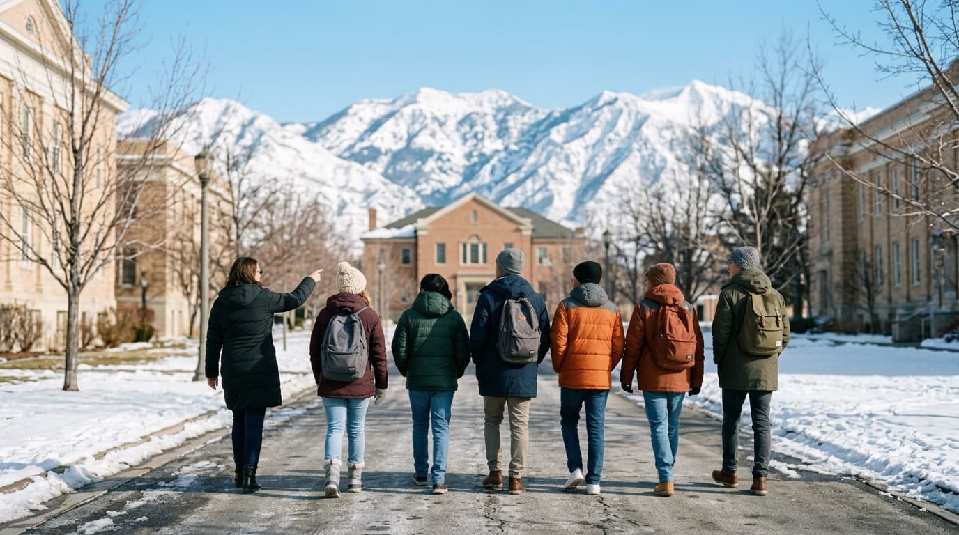 Grupo de adolescentes recorriendo una avenida de campus nevada con las montañas Wasatch al fondo