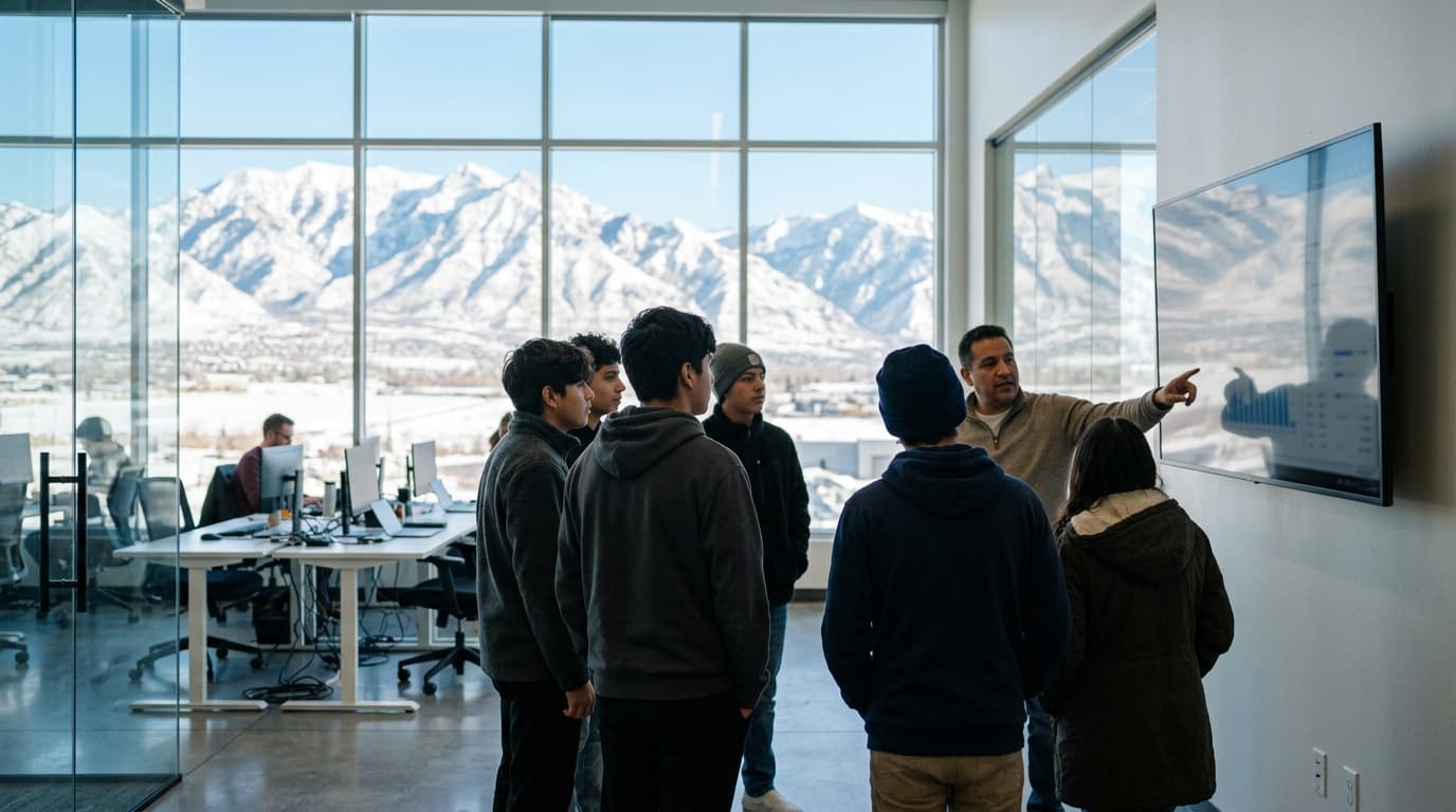 Adolescentes atendiendo una explicación en una oficina tecnológica con las montañas nevadas tras el ventanal