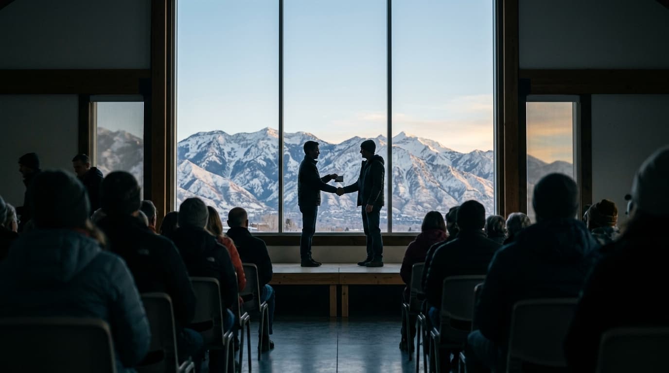 Entrega de premio a contraluz sobre el escenario, con las montañas de Utah al atardecer tras el ventanal